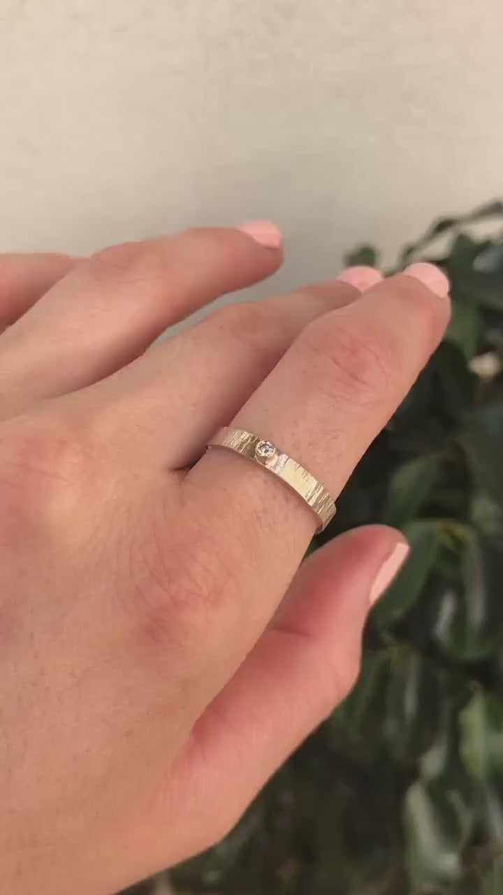 Hammered Silver Band Diamond Ring, Mixed Metal Ring