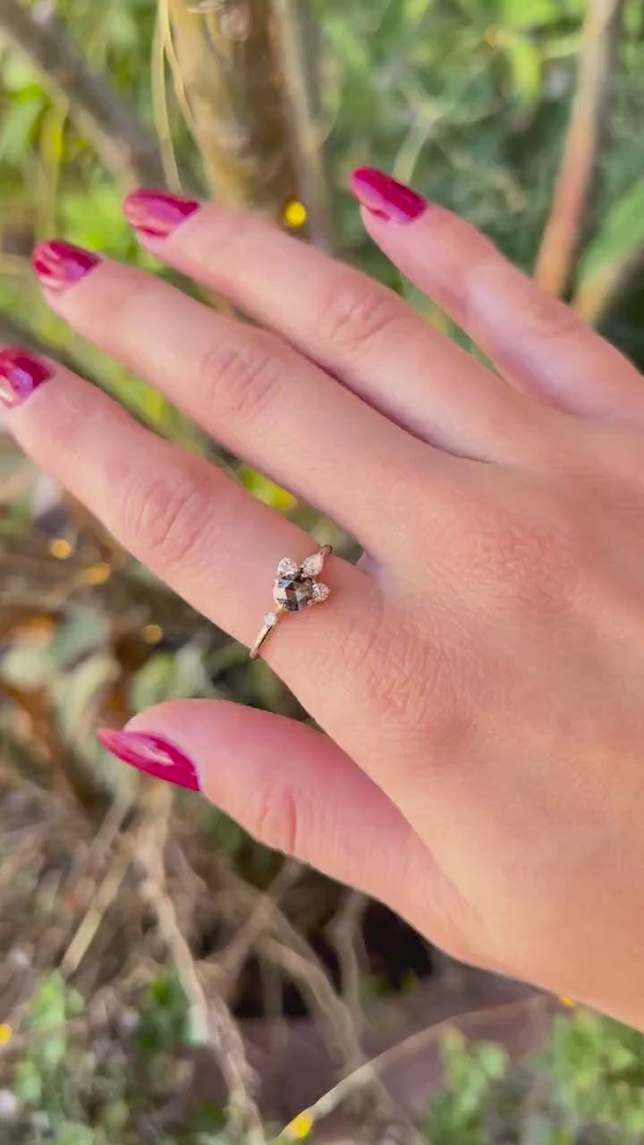 Handcrafted Rose Cut Salt and Pepper Diamond Cluster Ring