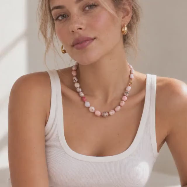 Pink Opal Necklace, Hand Knotted Silk Gemstone Necklace, Natural Pink Opal Pebble Beads, Gold Filled Necklace, October Birthstone Jewelry