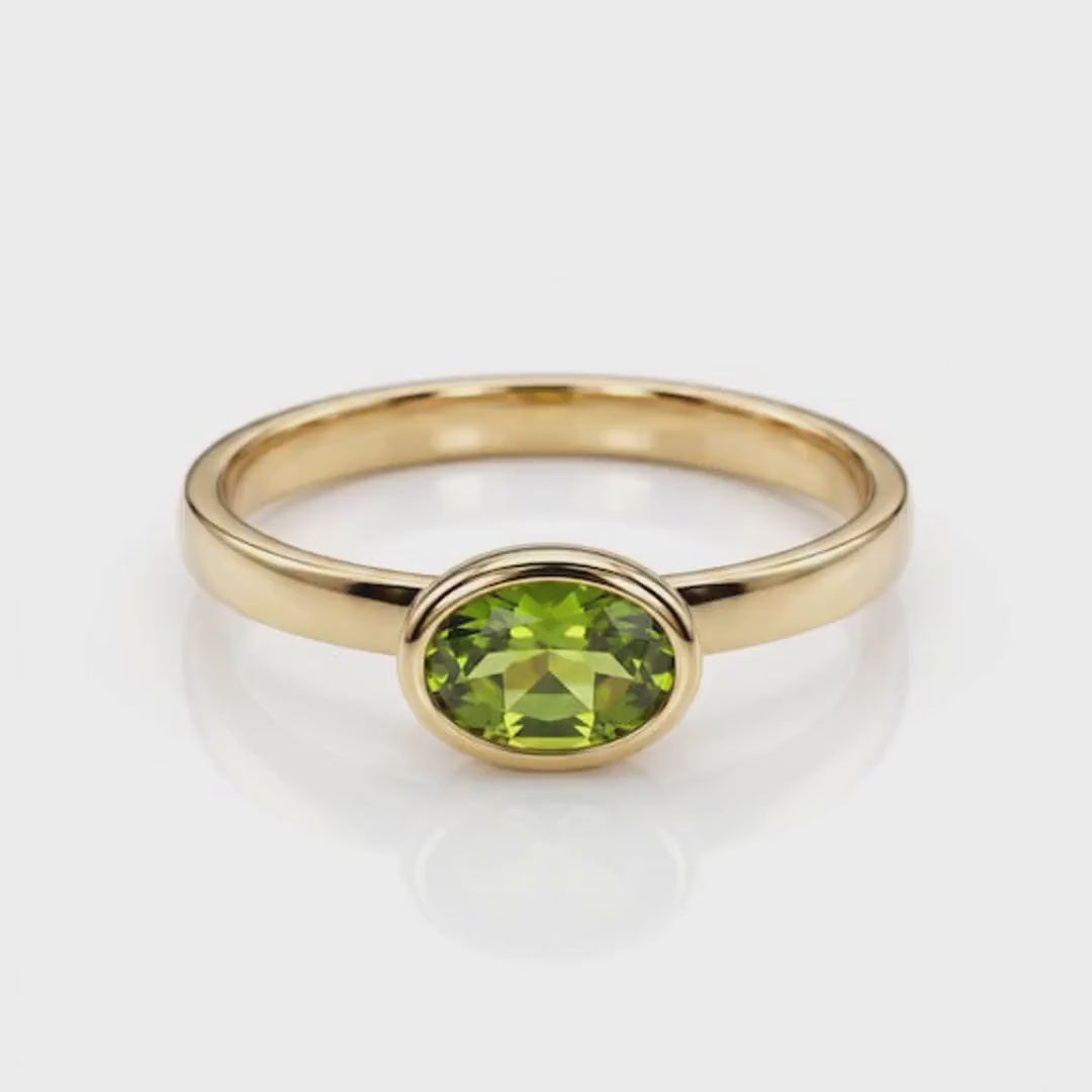 East West Peridot Ring 14k Solid Gold, Oval Bezel Peridot Ring