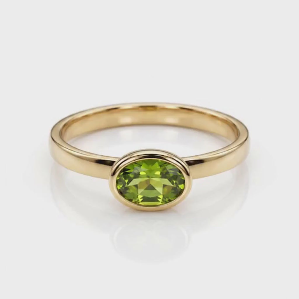 East West Peridot Ring 14k Solid Gold, Oval Bezel Peridot Ring