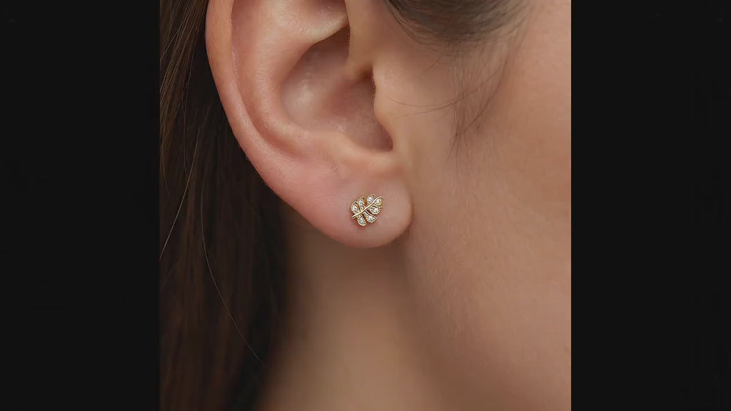 Monstera Leaf Cz Flat Back Earrings 14k Solid Gold