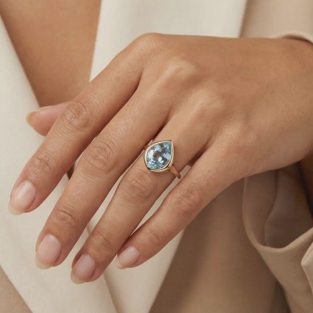 Fancy Cut Aquamarine Bezel Set Ring, Statement Gold Ring