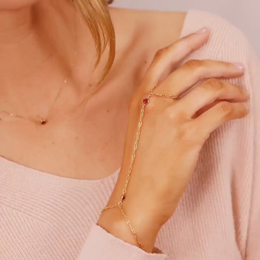 Gold Slave Bracelet, Garnet Hand Chain Bracelet