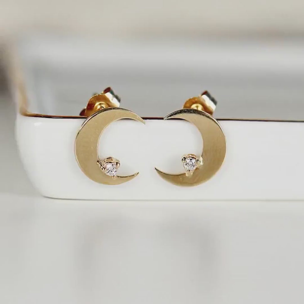 Diamond Moon Earrings 14k Solid Gold (SINGLE or PAIR)