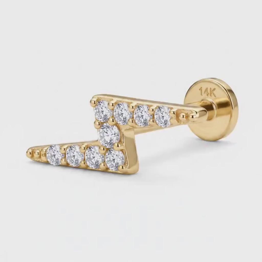 Lightning Bolt Flat Back Earring 14k Solid Gold, CZ Lightning Bolt Jewelry (SINGLE or PAIR)