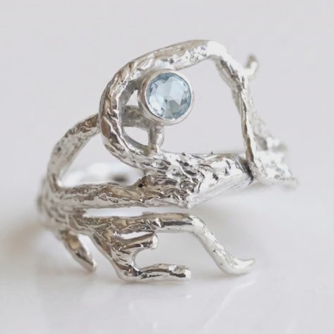 Gemstone Twig Ring, Sterling Silver Branch Ring, Birthstone Nature Ring