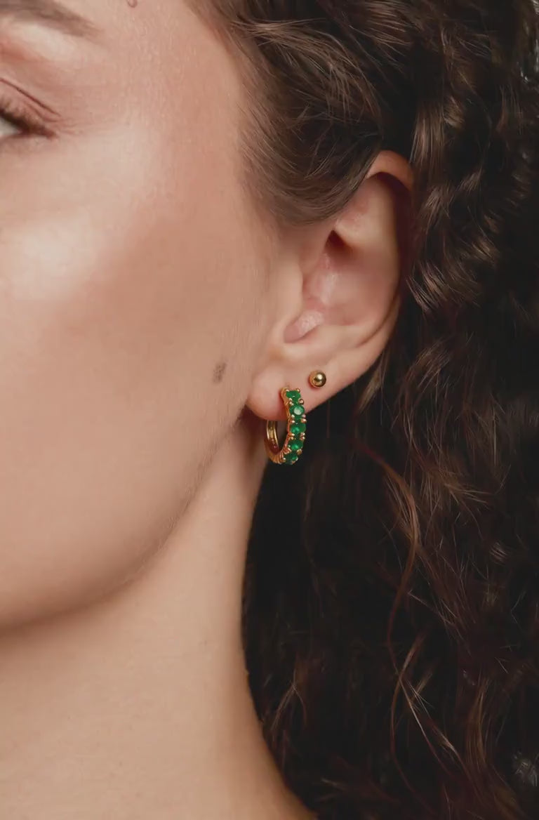 Emerald Huggie Earrings 14K Gold, Lab Grown Emerald Hoop Earrings, 15mm Solid Gold Huggies, Green Gemstone Fine Jewelry
