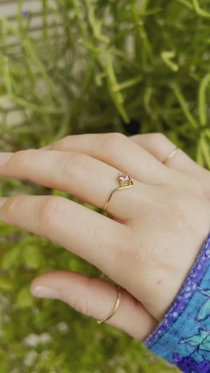 Princess Cut Pink Tourmaline Ring V Band in 14k Gold