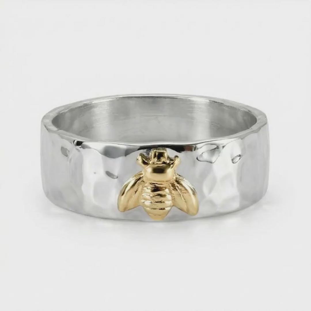 Honey Bee Ring, Sterling Silver Hammered Band and Gold Bee Ring