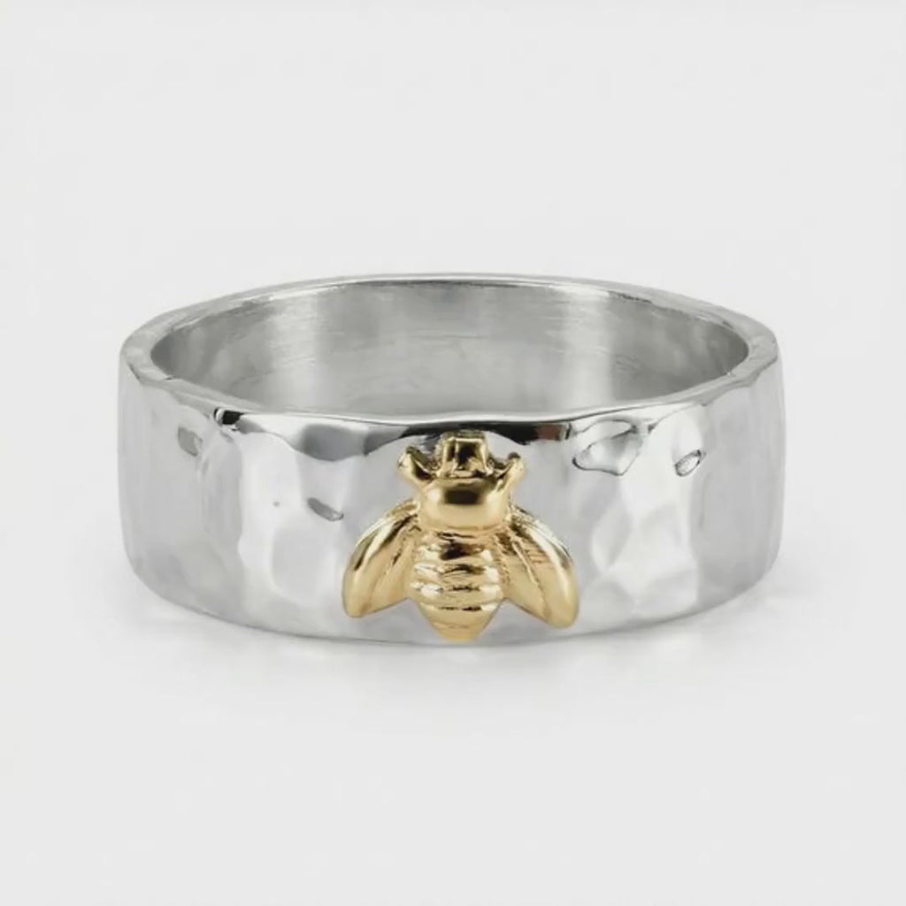 Honey Bee Ring, Sterling Silver Hammered Band and Gold Bee Ring