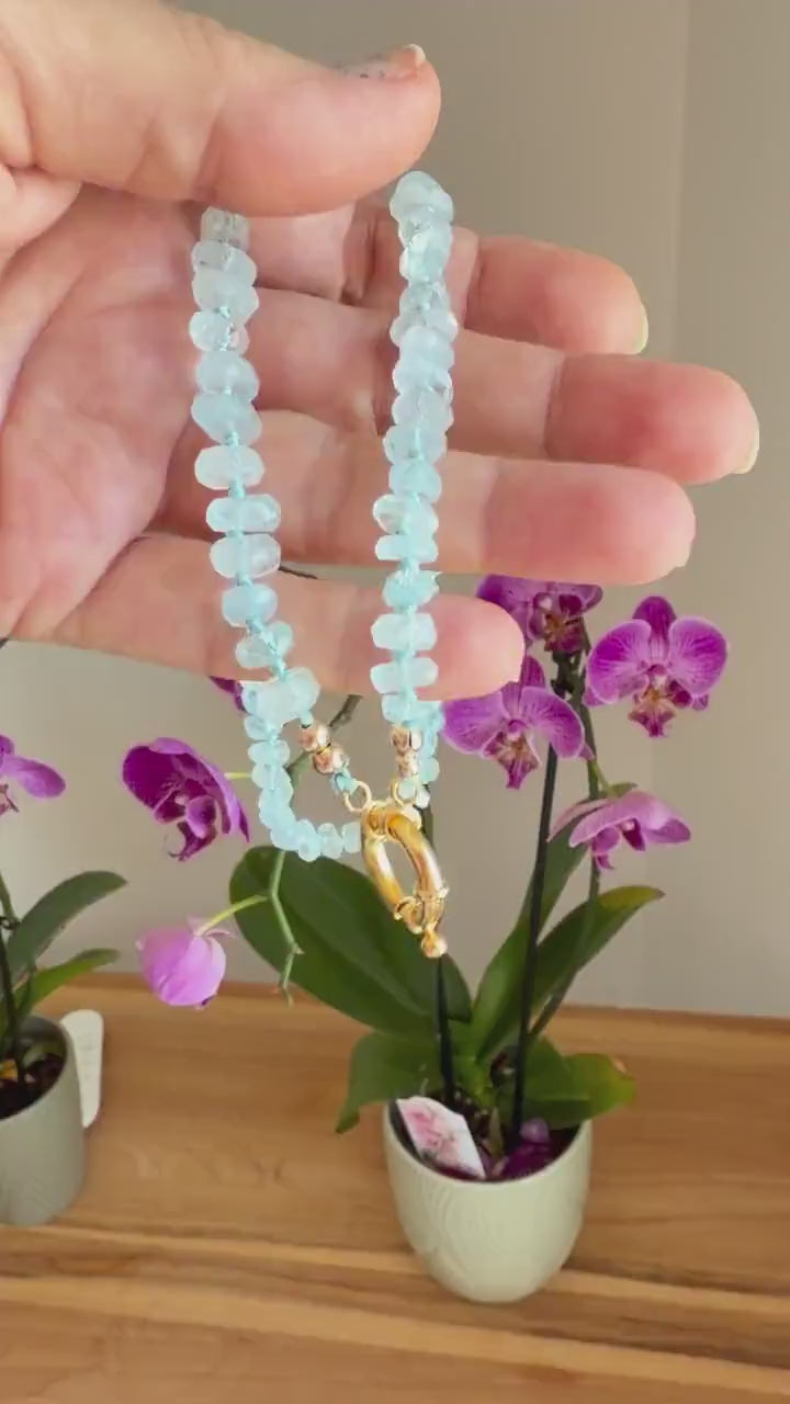 Aquamarine Hand Knotted Silk Necklace, Faceted Rondelle Beads, Charm Holder Necklace with Gold Filled Clasp, 18 Inch