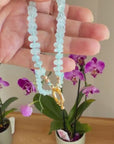 Aquamarine Hand Knotted Silk Necklace, Faceted Rondelle Beads, Charm Holder Necklace with Gold Filled Clasp, 18 Inch