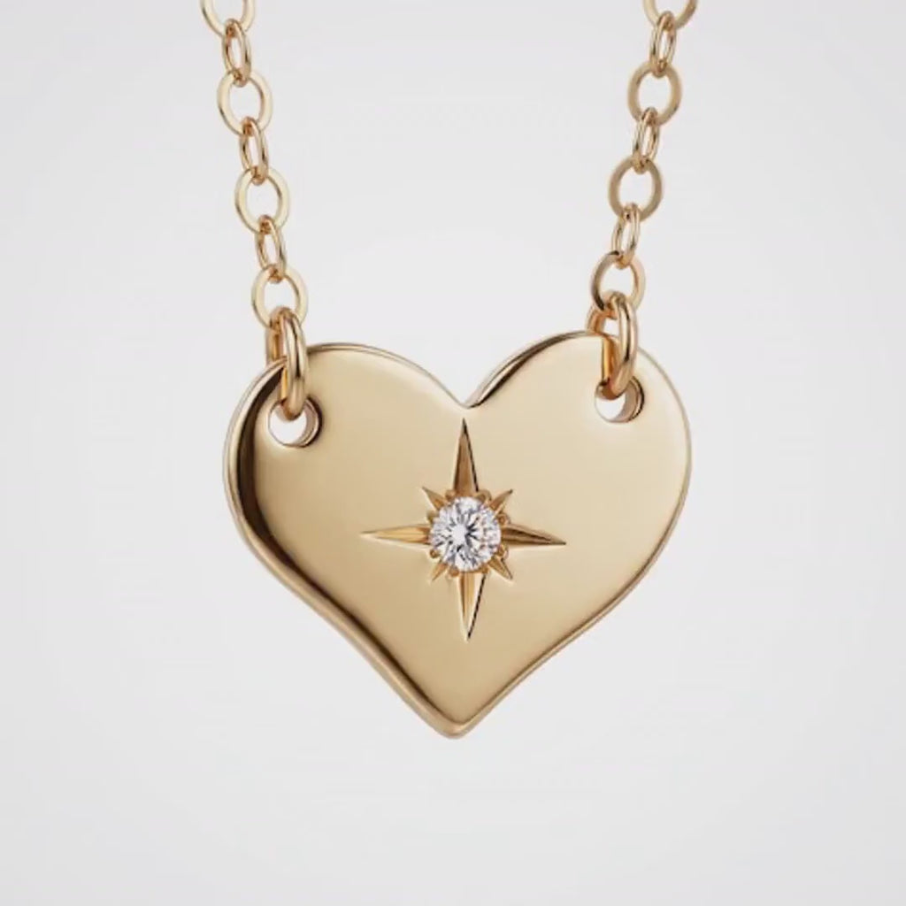14K Solid Gold North Star Diamond Heart Pendant Necklace