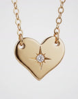 14K Solid Gold North Star Diamond Heart Pendant Necklace