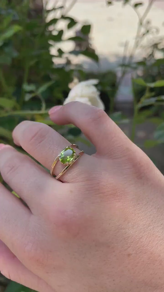 14k Gold Peridot Ring, Oval Engagement Ring, Double Band Ring
