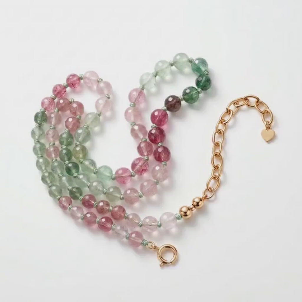 Strawberry Quartz Necklace, Pink Green Ombre Gemstone Beaded Choker, Hand Knotted Silk Gold Filled Necklace, Crystal Gift for Her