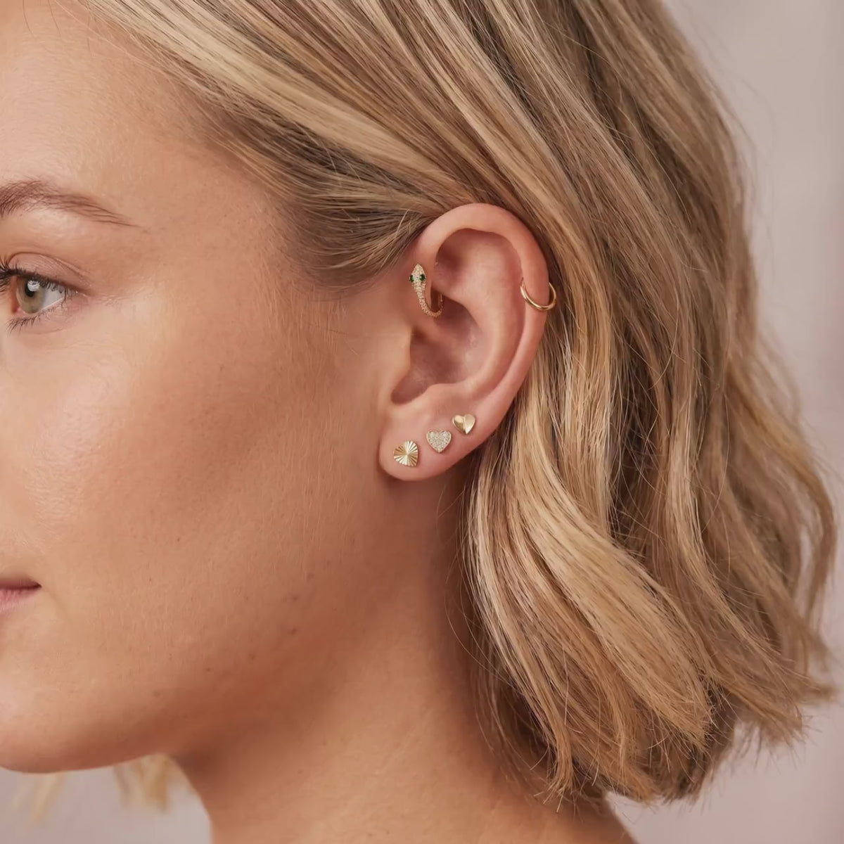 Fluted Heart Flat Back Cartilage Earrings 14k Solid Gold ( SINGLE OR PAIR)