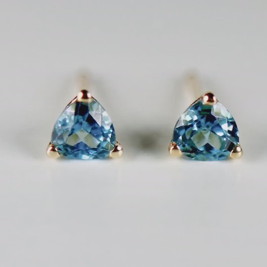 5mm Blue Topaz Earrings 14k Gold, Handmade Trillion Cut Blue Topaz Stud Earrings