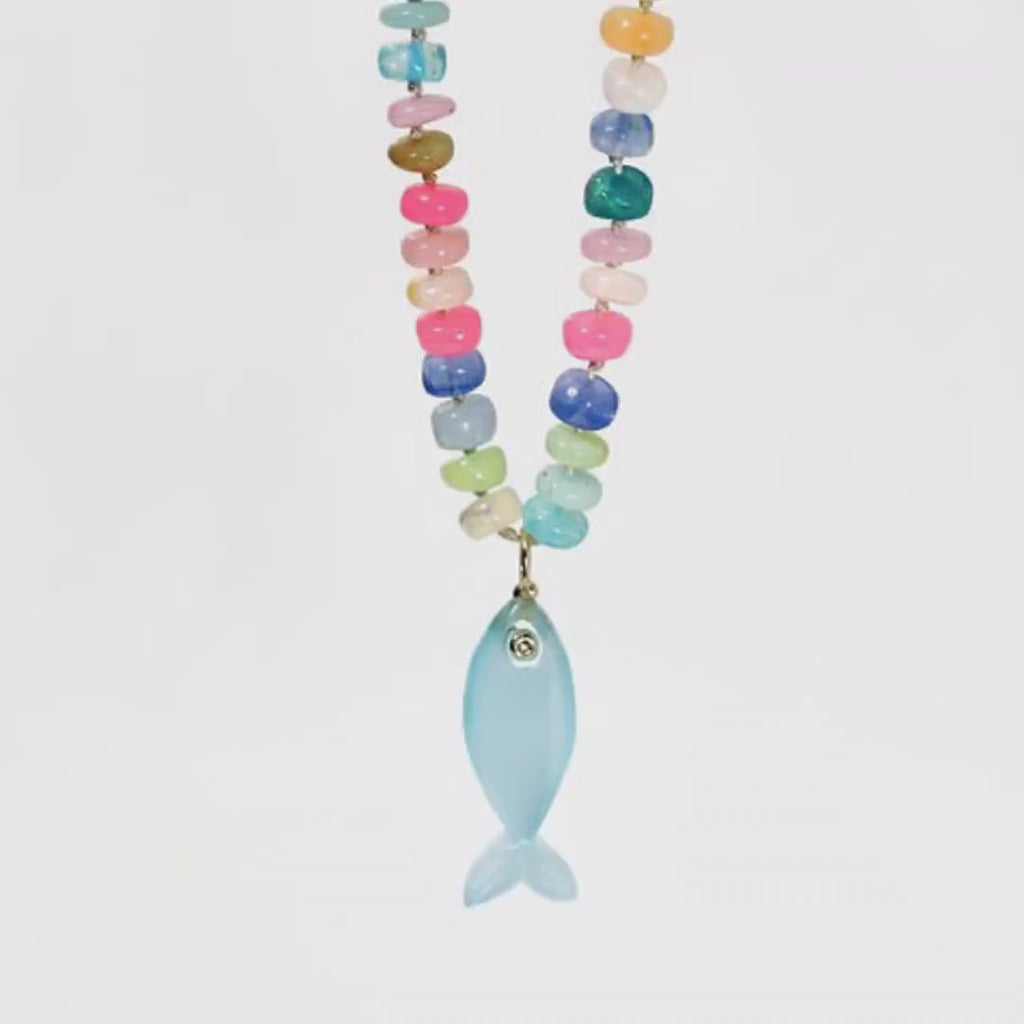 Disco Opal Silk Hand Knotted Necklace with Chalcedony Fish Charm, Gold Filled Lobster Clasp