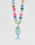 Disco Opal Silk Hand Knotted Necklace with Chalcedony Fish Charm, Gold Filled Lobster Clasp