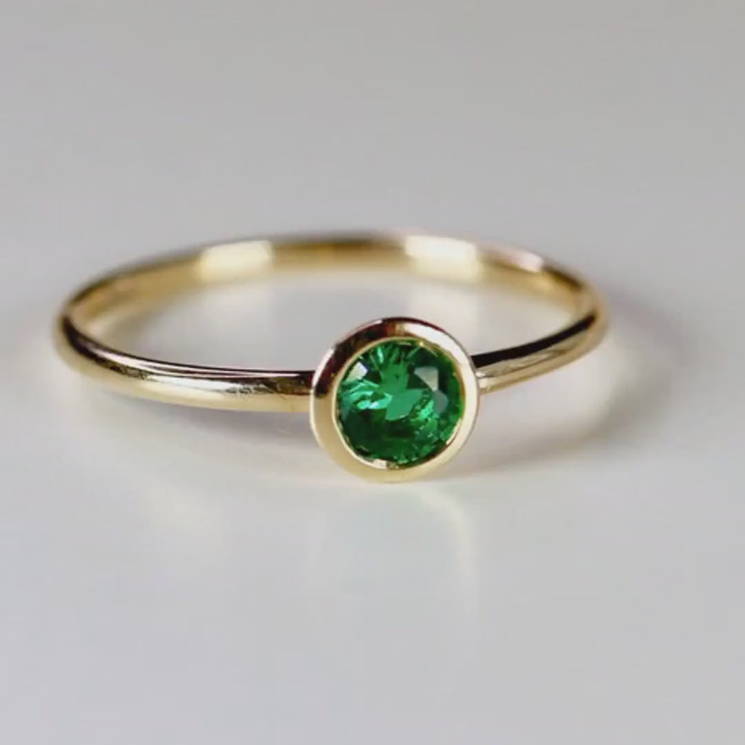 14k Gold Bezel Set Emerald Ring, Stacking Minimalist Gemstone Ring