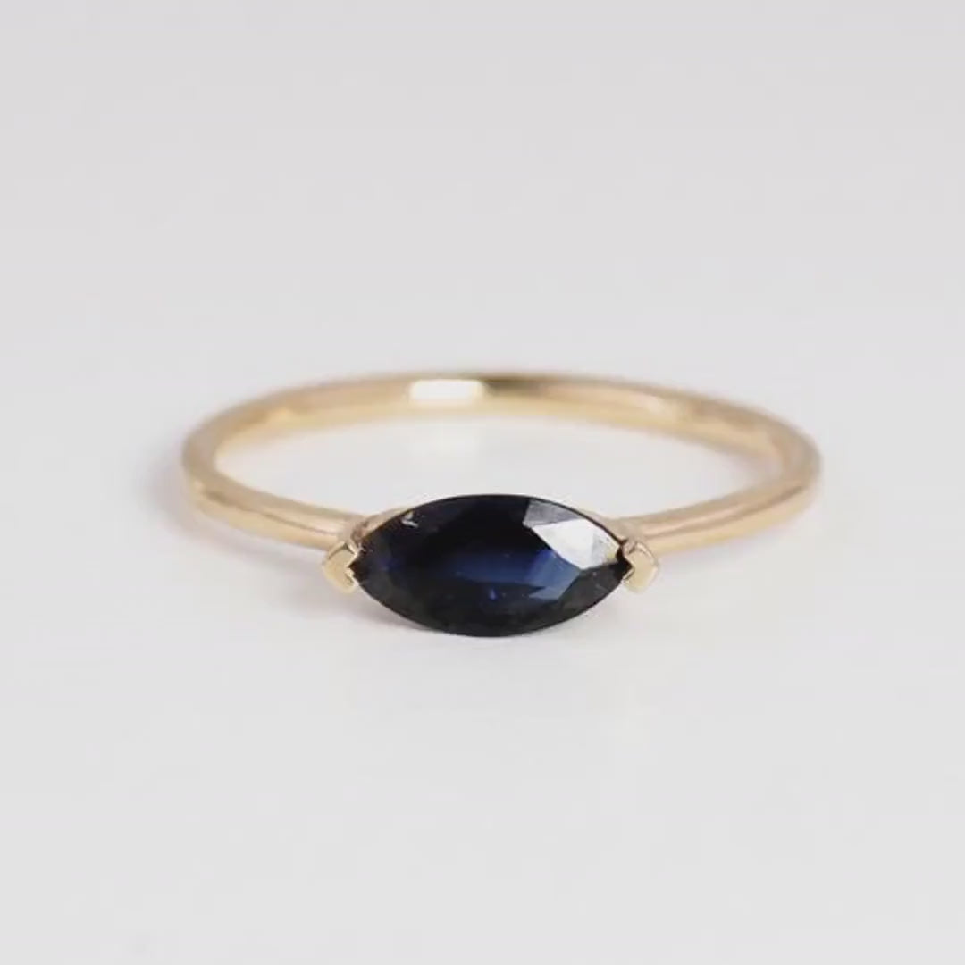 Natural Blue Sapphire Ring, 14K Solid Gold Marquise Sapphire Ring, East West Ring, September Birthstone, Minimalist Gold Ring