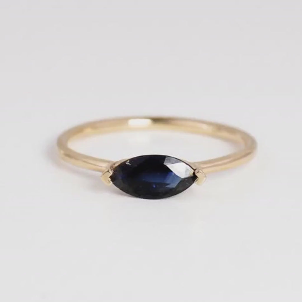 Natural Blue Sapphire Ring, 14K Solid Gold Marquise Sapphire Ring, East West Ring, September Birthstone, Minimalist Gold Ring