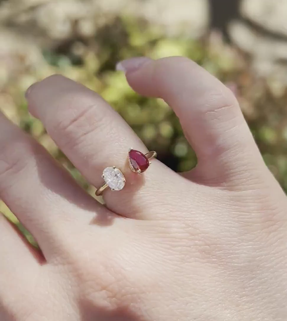 Toi et Moi Ring 14k Gold Two Stone Ring, Moissanite & Ruby Engagement Ring