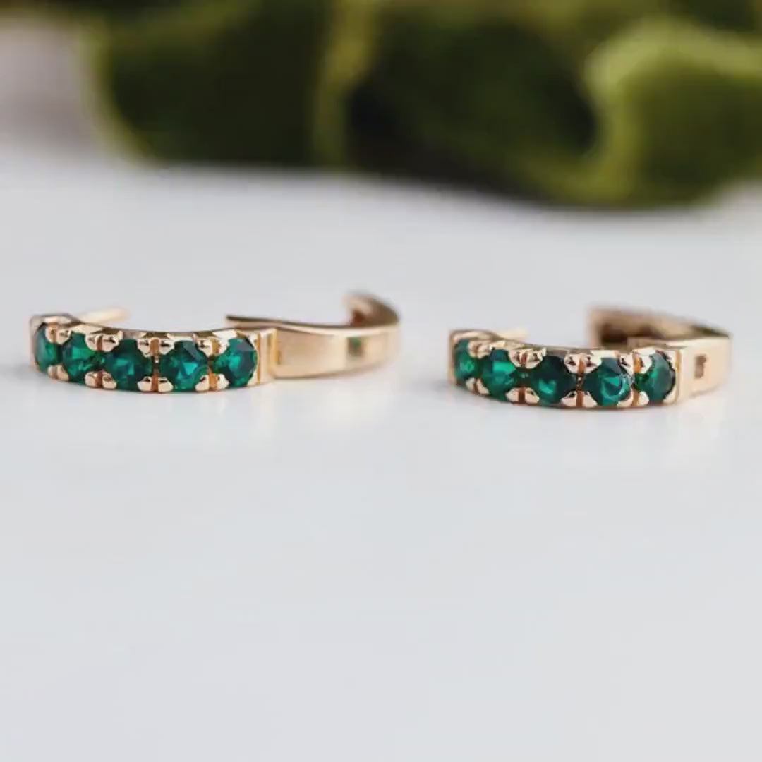 Emerald Huggie Earrings 14K Gold, Lab Grown Emerald Hoops - 15mm