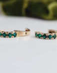 Emerald Huggie Earrings 14K Gold, Lab Grown Emerald Hoops - 15mm