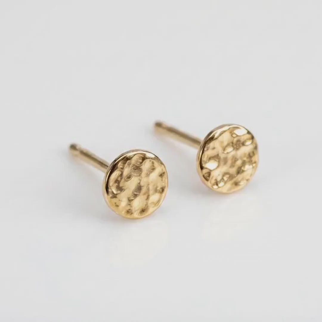 Hammered Gold Stud Earrings, 14k Solid Gold Disc Earrings