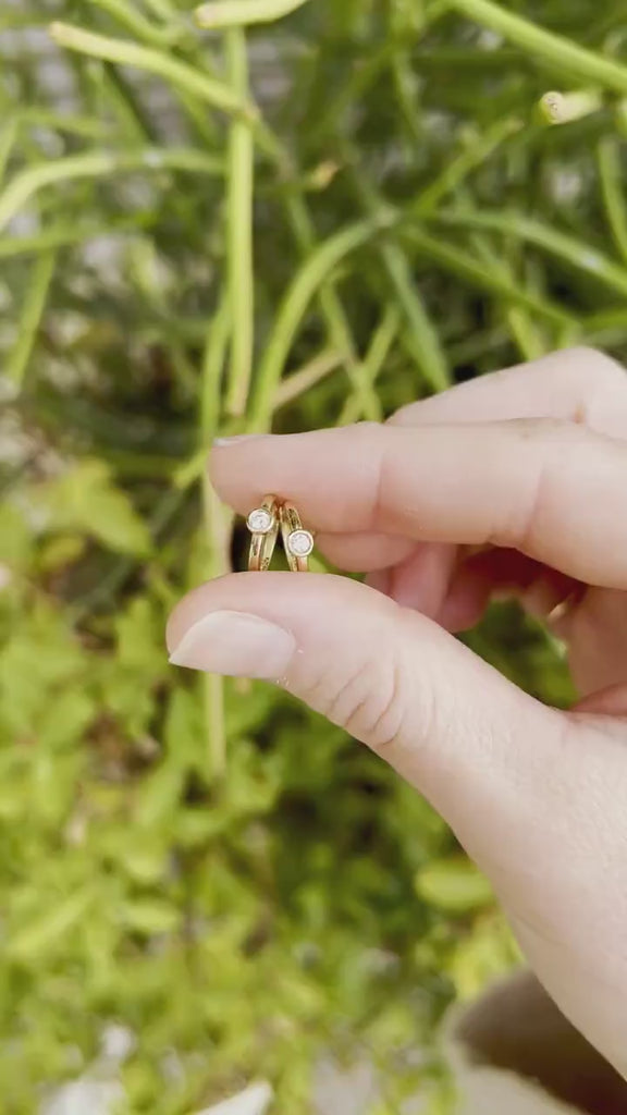 Bezel Solitaire Diamond Huggies Earrings in 14k Solid Gold - SINGLE OR PAIR