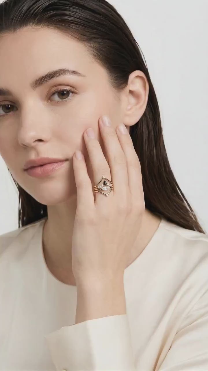 Rose Cut Pear Shape Salt and Pepper Diamond Ring 14k Yellow Gold