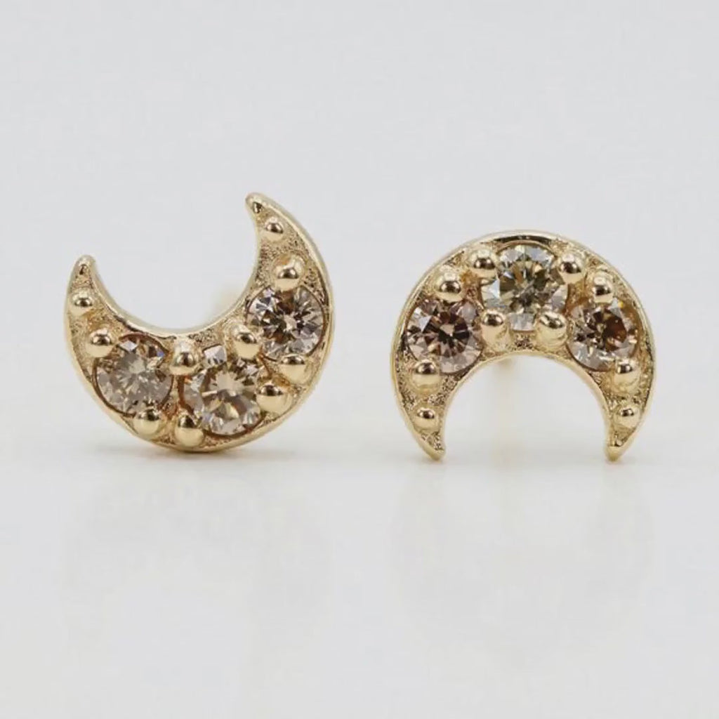 Champagne Diamond Crescent Moon Earrings 14k Solid Gold, Tiny Sailor Moon Studs, Celestial Jewelry Gift (Pair)