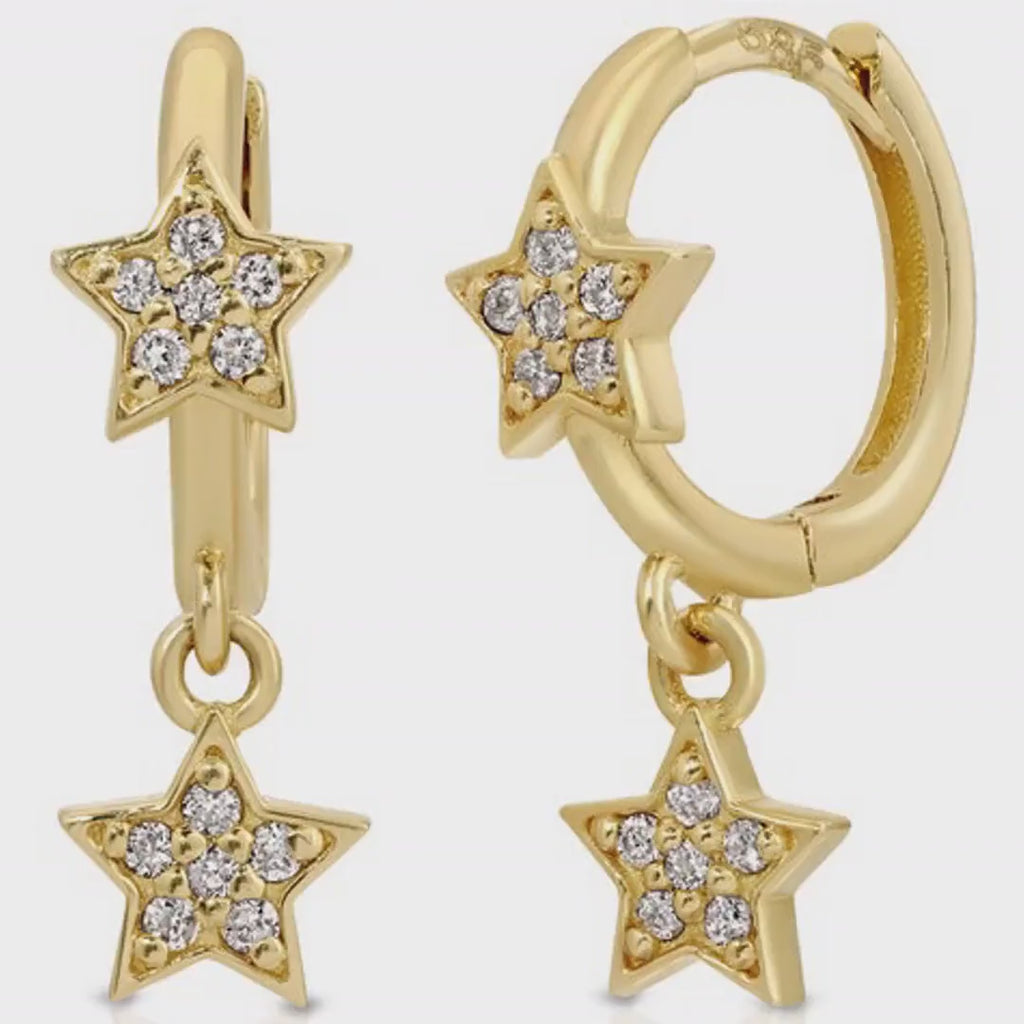 Diamond Star Huggie Hoop Earrings Dangling in 14k Gold (SINGLE OR PAIR)