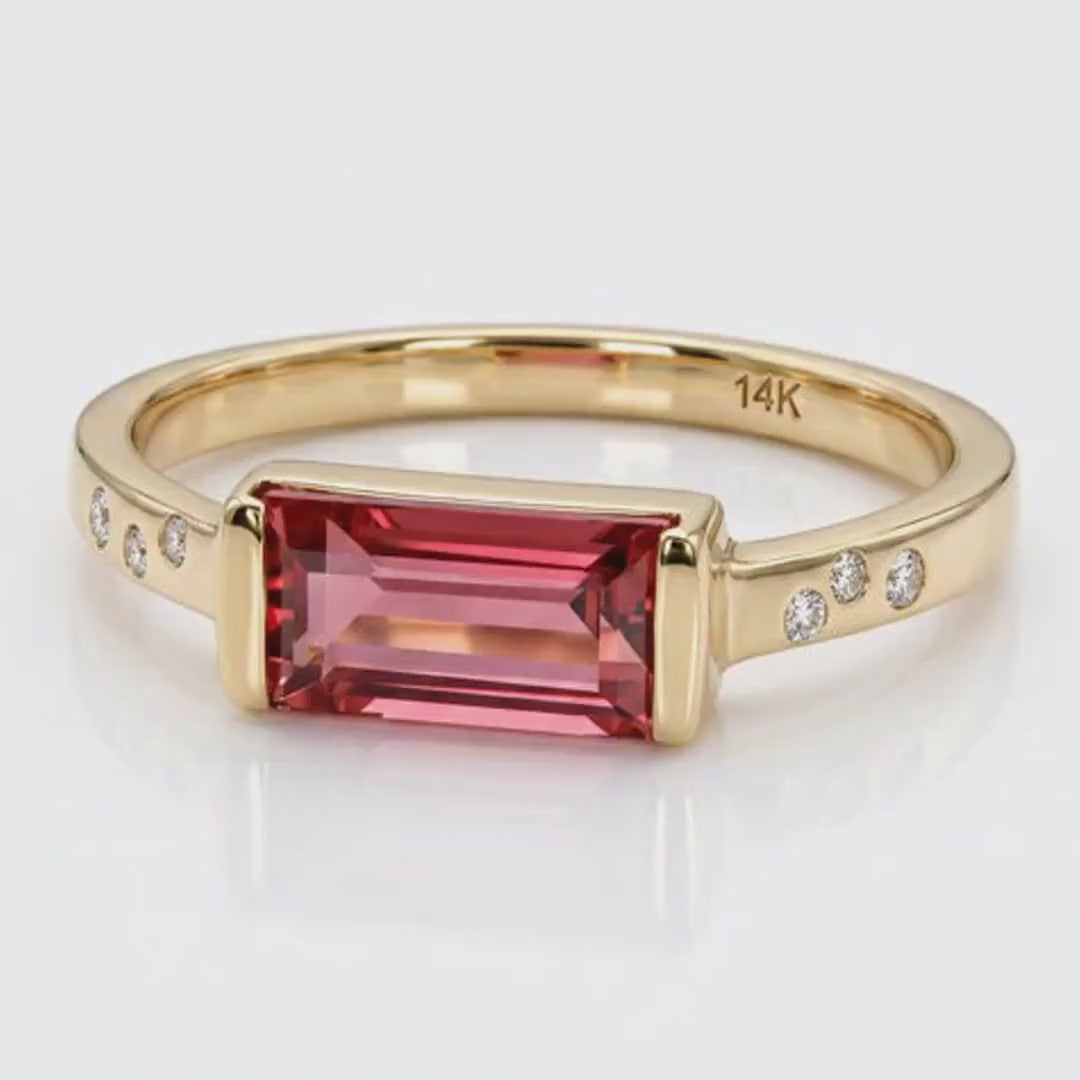 Baguette Pink Tourmaline Ring in 14k Gold, October Birthstone Jewelry