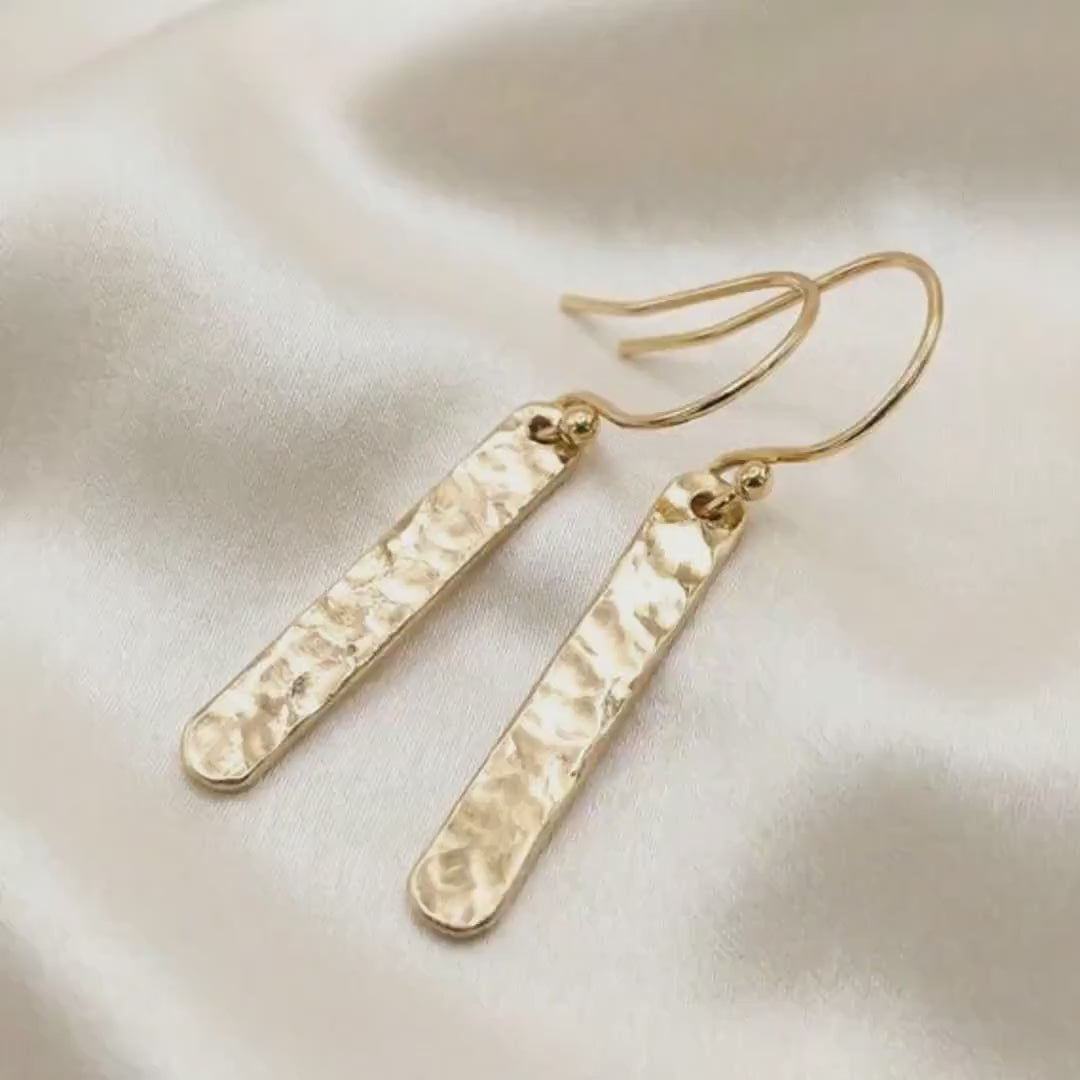 Minimalist Hammered Gold Filled Bar Drop Earrings