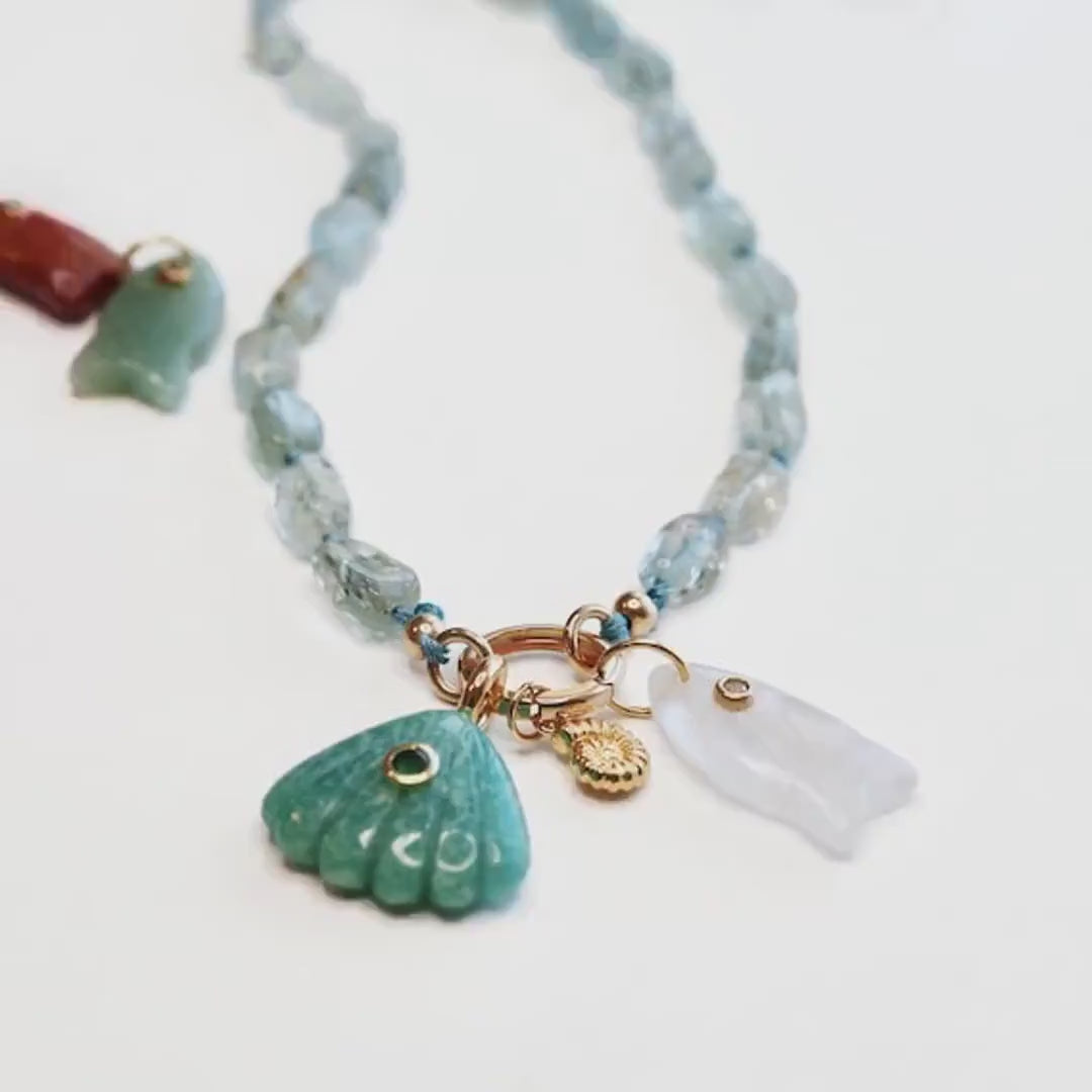 Moss Aquamarine Nugget Necklace,  Gemstone Beads on Hand Knotted Silk Cord