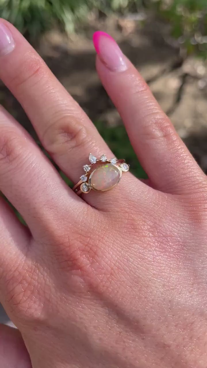Ethiopian Opal Ring 14k Solid Gold – Diamond & Oval Opal Engagement Ring, Handmade October Birthstone Ring, Anniversary Gift for Her