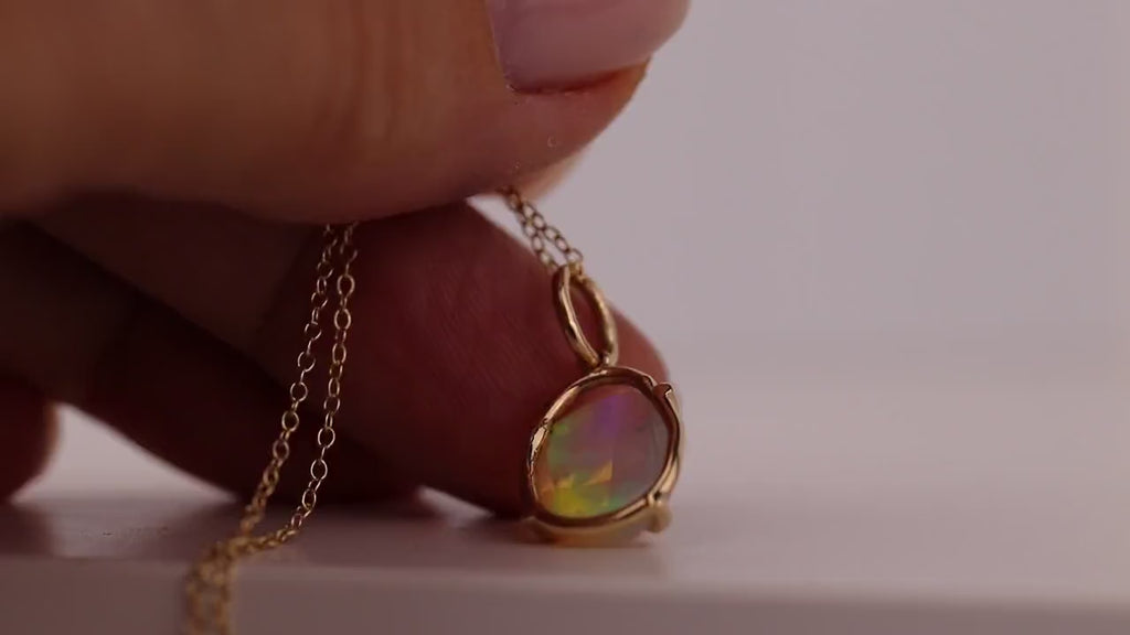 Ethiopian Opal Pendant, 12x8mm Rose Cut Opal, 14K Solid Gold Necklace, Natural Freeform Opal, Pendant Only or with Chain