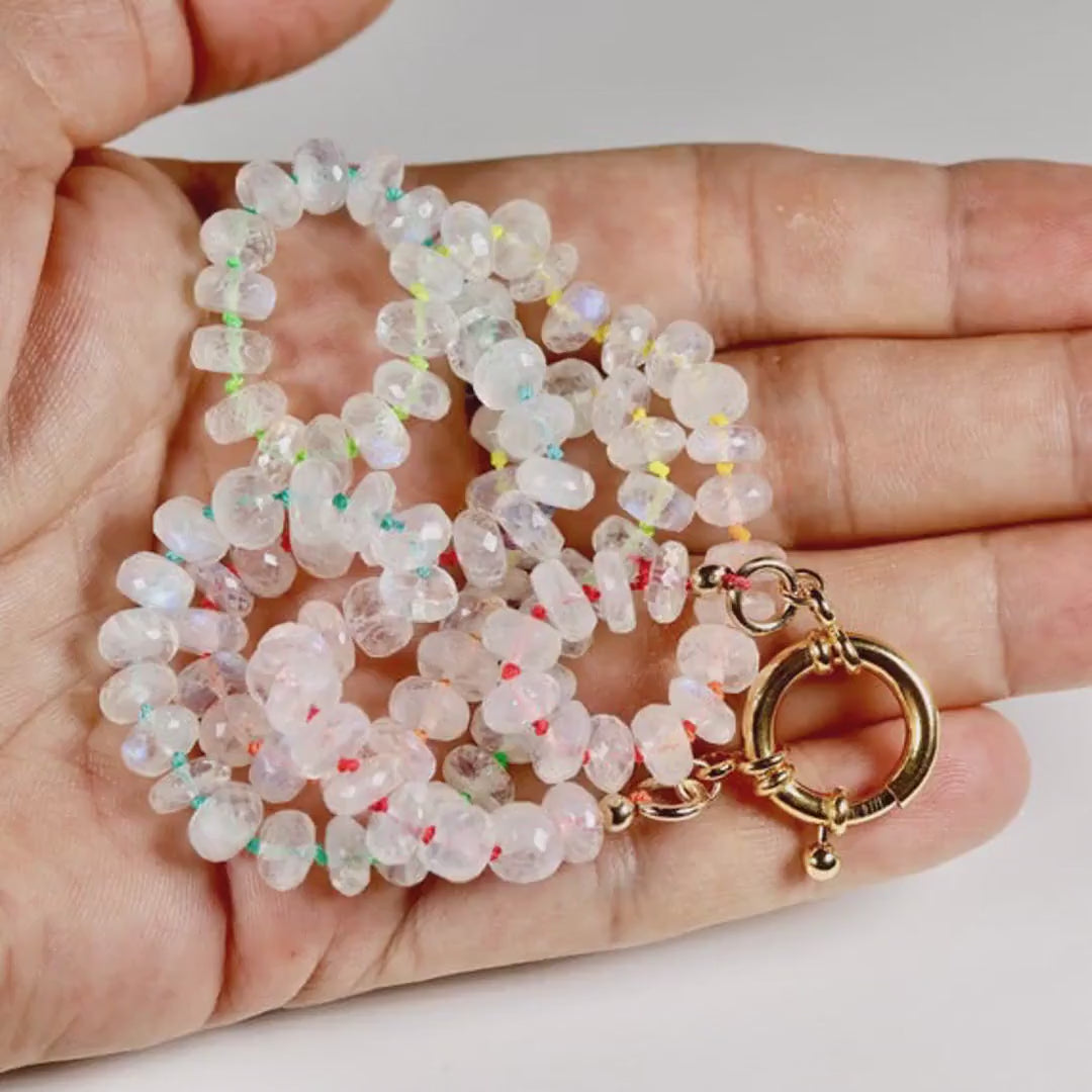 Hand Knotted Rondelle Moonstone Necklace on Rainbow Silk, Gold Filled Figure Eight Charm Holder