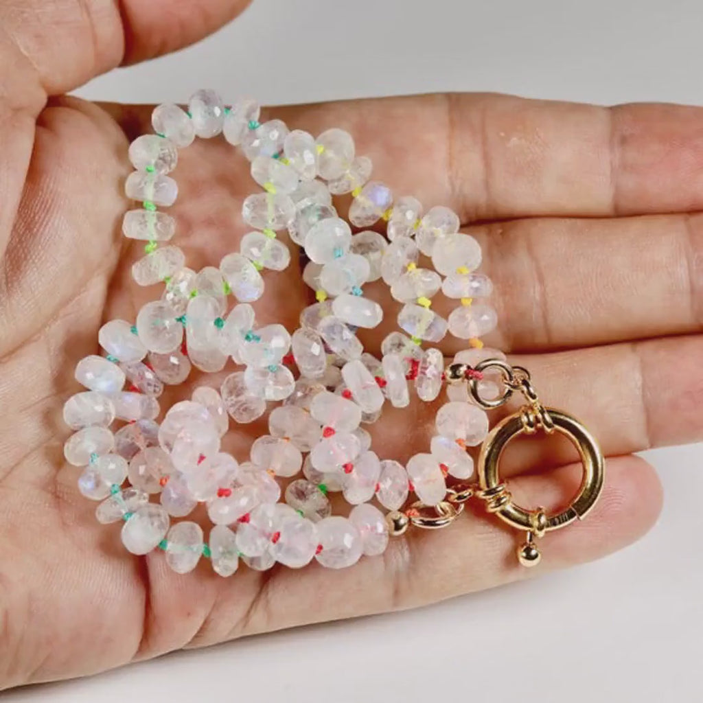 Hand Knotted Rondelle Moonstone Necklace on Rainbow Silk, Gold Filled Figure Eight Charm Holder