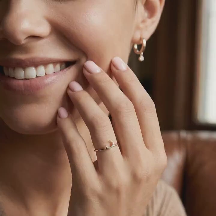 Genuine Diamond Crescent Moon Ring in 14k Gold