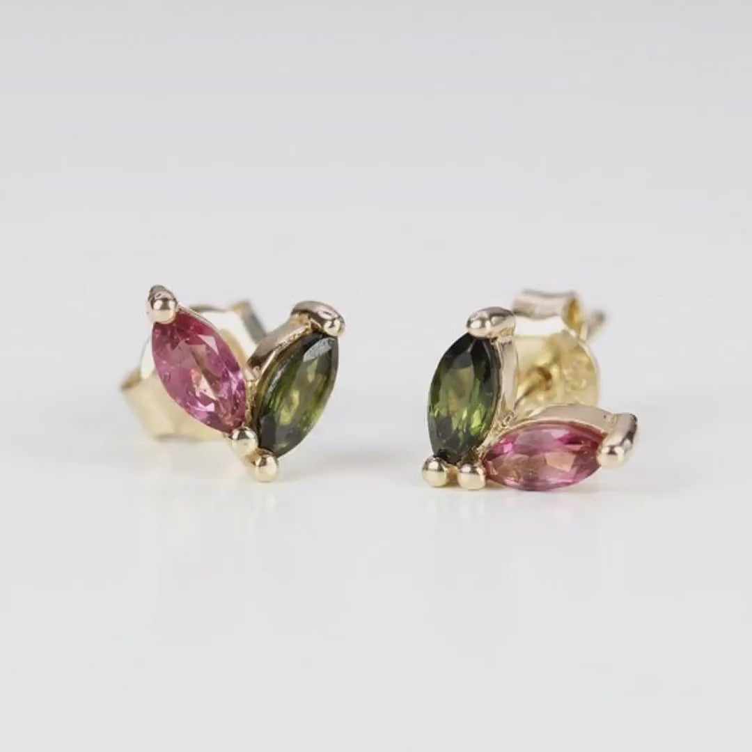 Pink Tourmaline & Green Tourmaline Earrings 14k Solid Gold