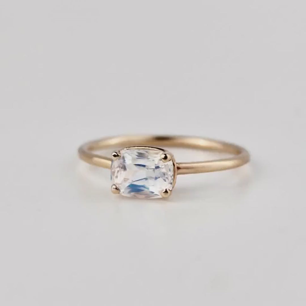 One of a Kind Rainbow Moonstone Ring, 14K Solid Gold, Faceted Cushion Cut Moonstone Ring, Unique Gemstone Ring