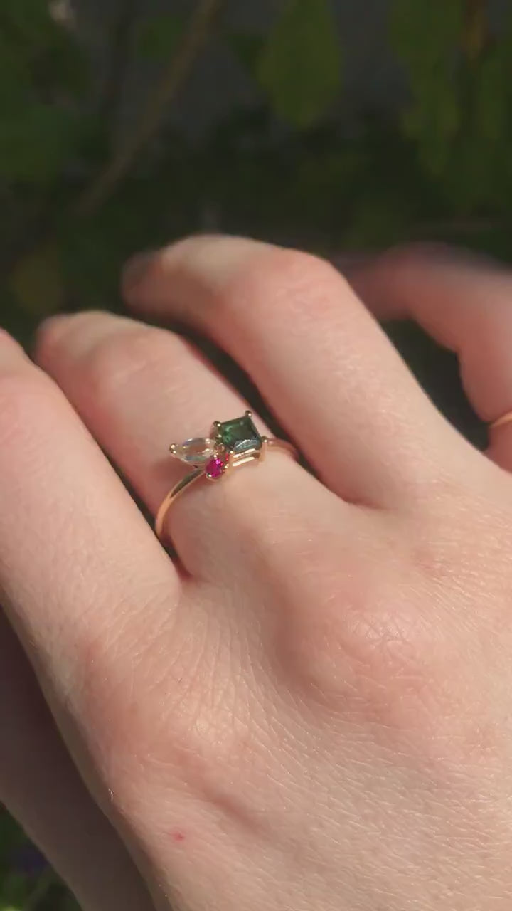Indicolite Tourmaline Moonstone and Ruby Cluster Colorful Engagement Ring