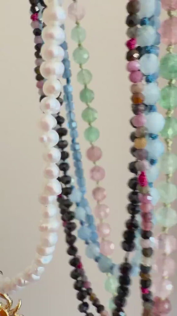 Multi Color Tourmaline Beaded Necklace, Hand Knotted Dark Pink Silk Strand, Gold Filled Clasp and Extender, Colorful Summer Necklace