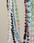 Multi Color Tourmaline Beaded Necklace, Hand Knotted Dark Pink Silk Strand, Gold Filled Clasp and Extender, Colorful Summer Necklace