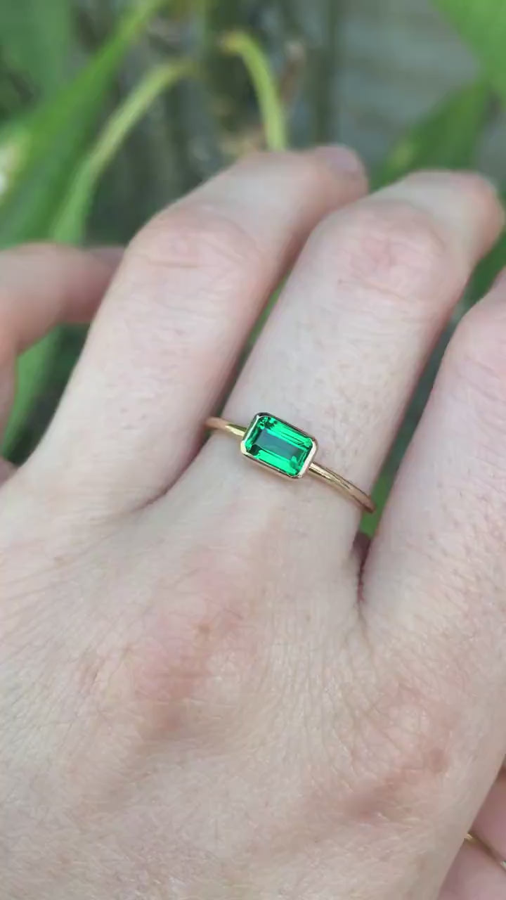 Emerald Cut Bezel Set East West Emerald Ring